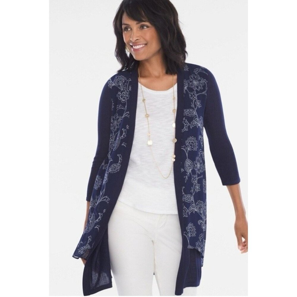 Chico's Cardigan Size (1) Medium Sweater Blue Open Front 3/4 Sleeve  083 Chicos